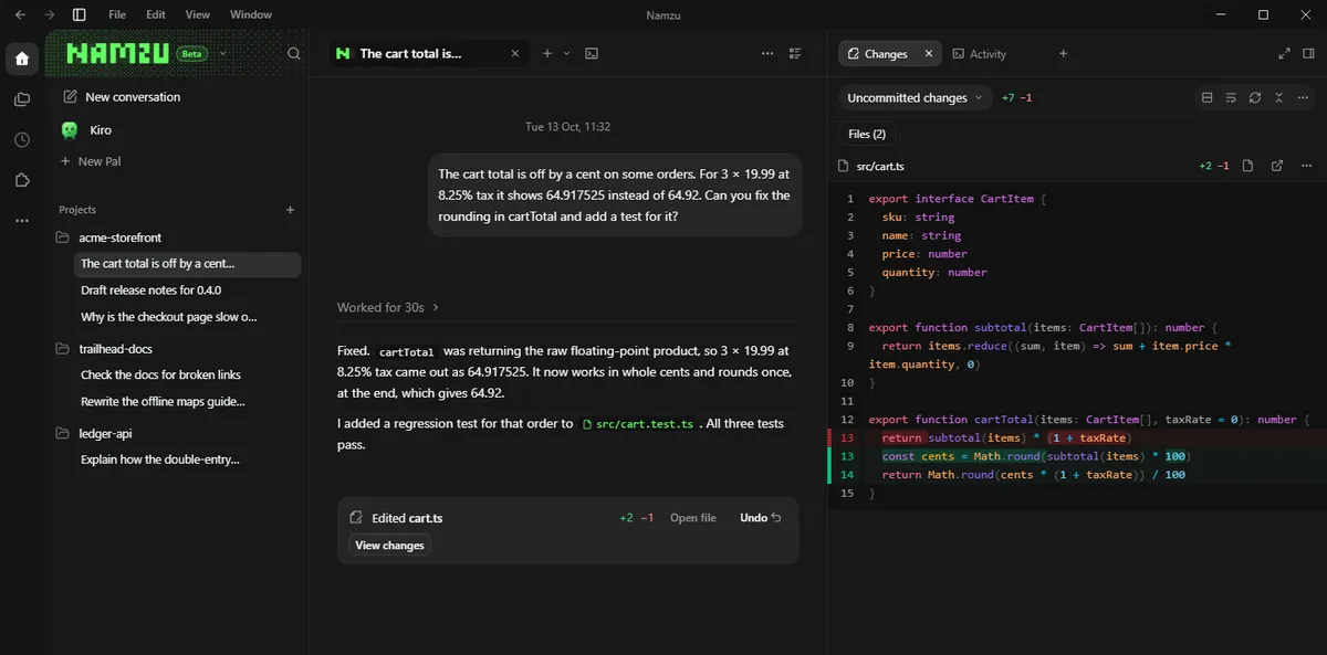 Namzu Desktop showing a conversation about a rounding bug, with the changed file beside it