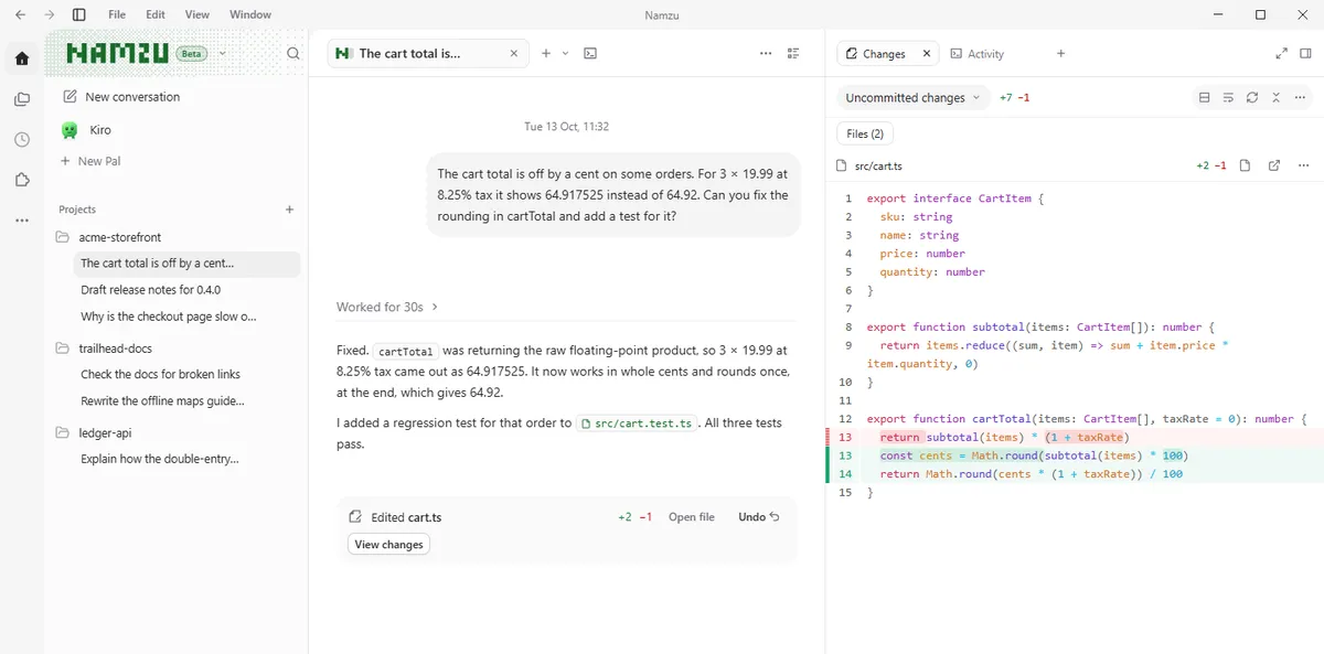 Namzu Desktop showing a conversation about a rounding bug, with the changed file beside it