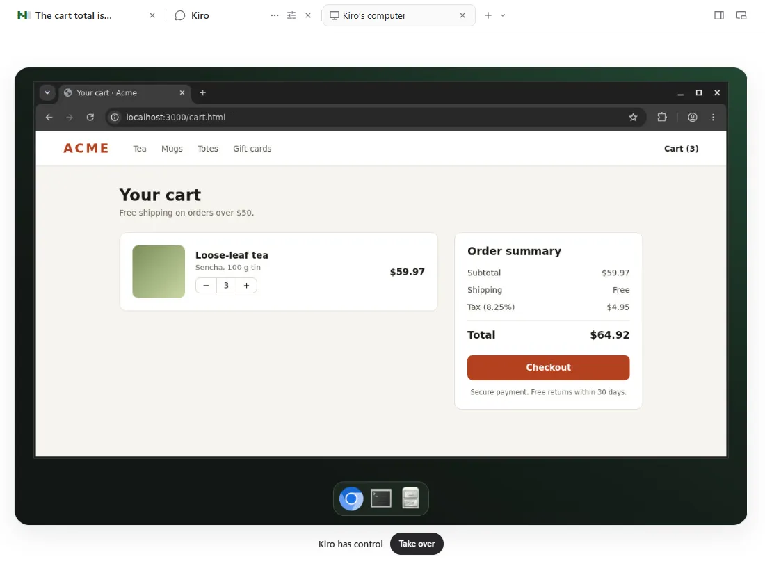 A Pal's own computer in Namzu Desktop, with a browser open and a Take over button